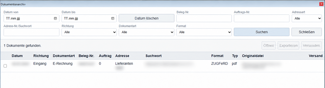 Anonymisierte Suchansicht des SYSTEM INKA Dokumentenarchivs