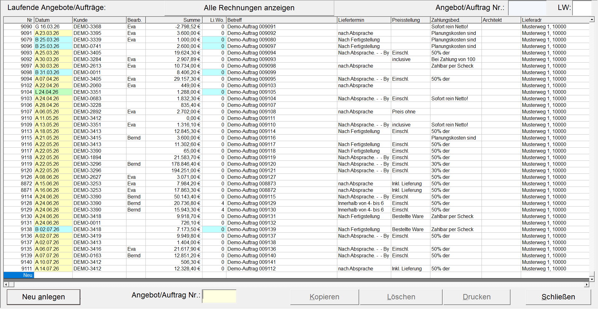 Liste laufender Angebote und Aufträge in SYSTEM INKA