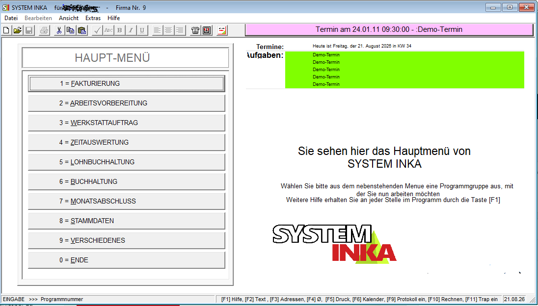 Hauptmenü von SYSTEM INKA mit Programmbereichen und Terminübersicht