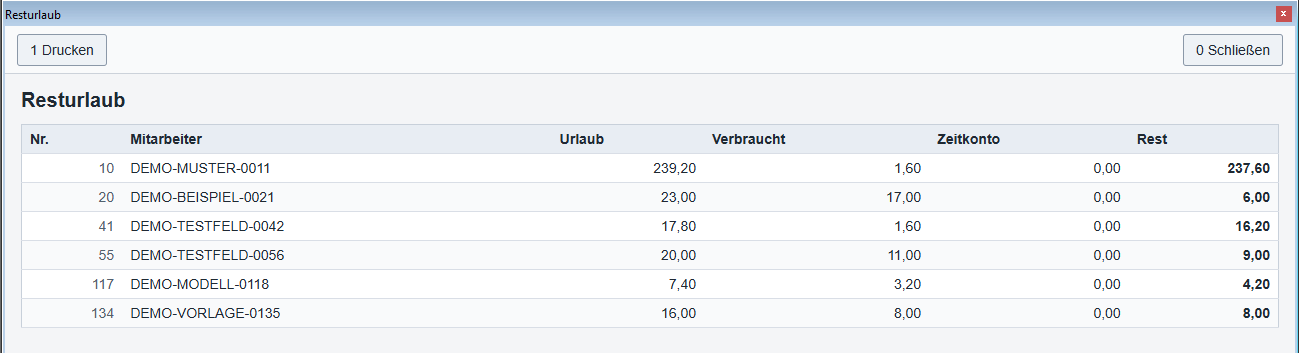 Urlaubs- und Zeitkonto mehrerer Demo-Mitarbeiter